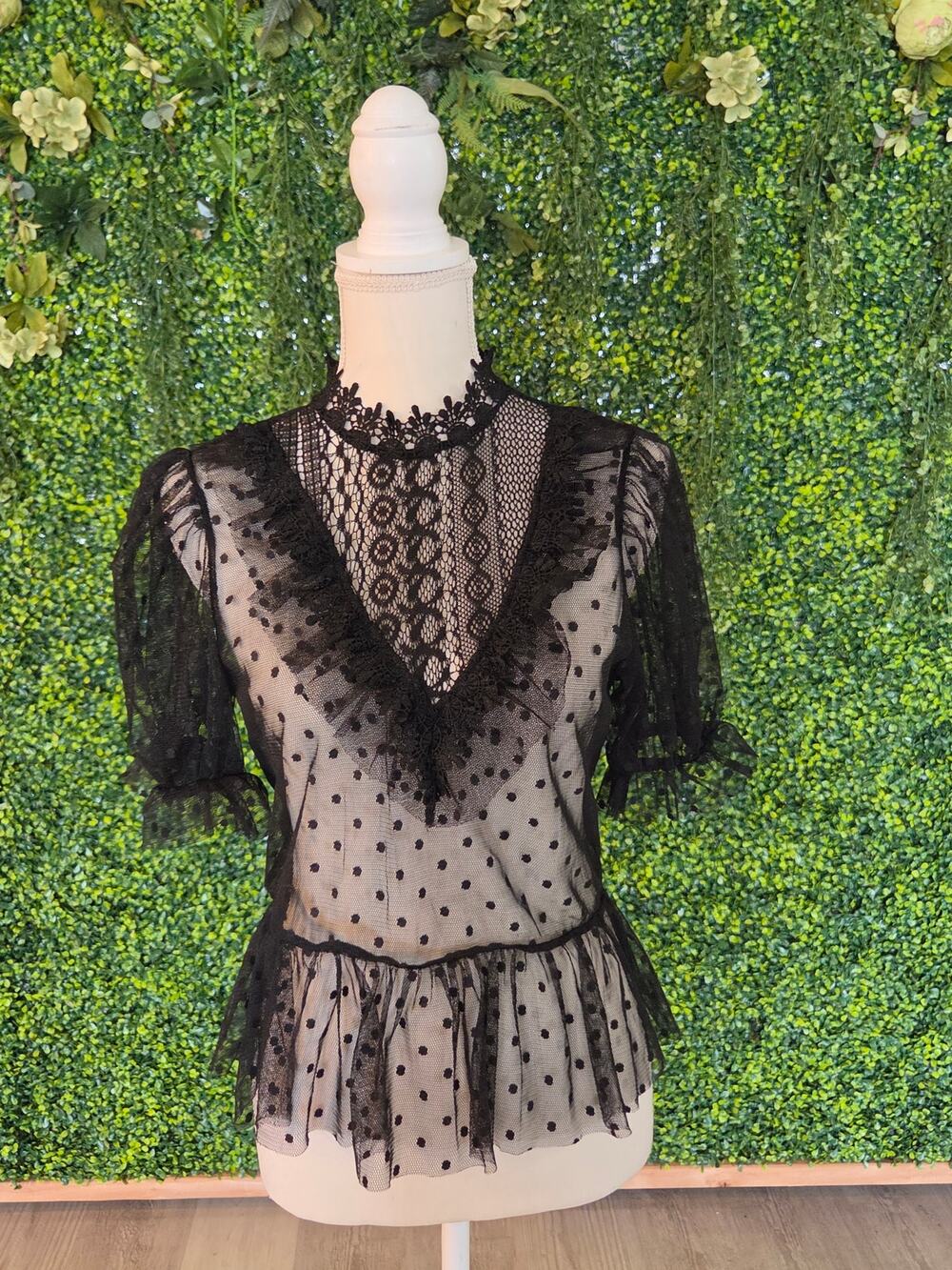 Blashe Gothic Lace Ruffle Polka Dot Vamp Blouse
